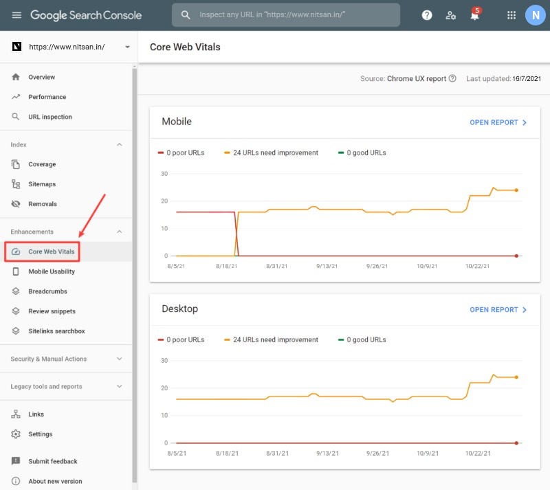Google Search console ' core web vitals