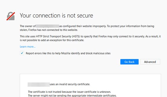Not having an SSL/TLS certificate